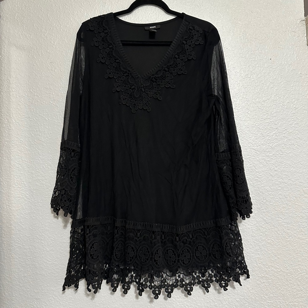 Alfani Black Crochet Lace Mesh Tunic Top V-Neck Long Sleeve XL